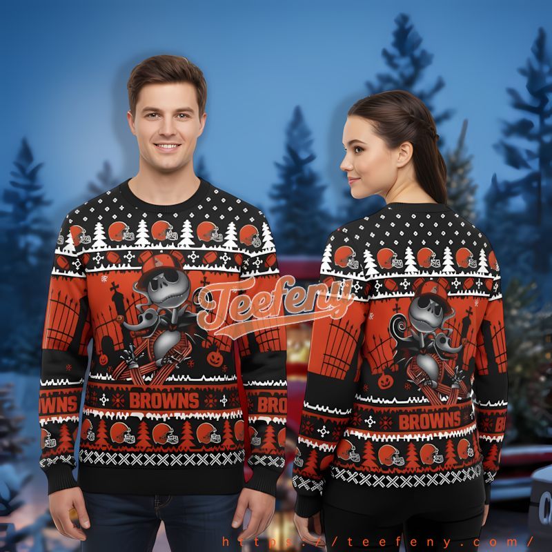Cleveland Browns Jack Skellington Zero Orange Black Mens Xmas Sweaters