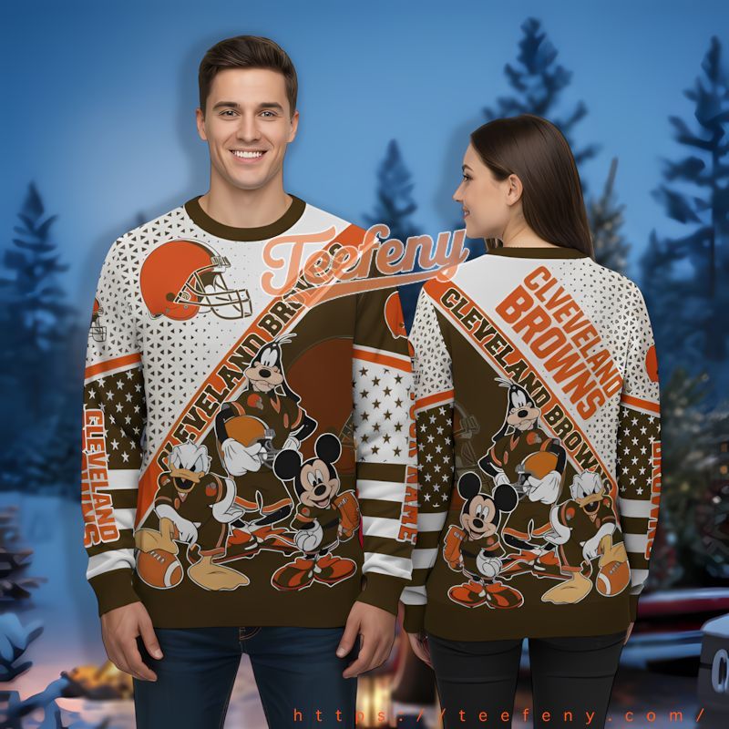 Cleveland Browns Mickey Donald Goofy Orange Cool Ugly Christmas Sweater