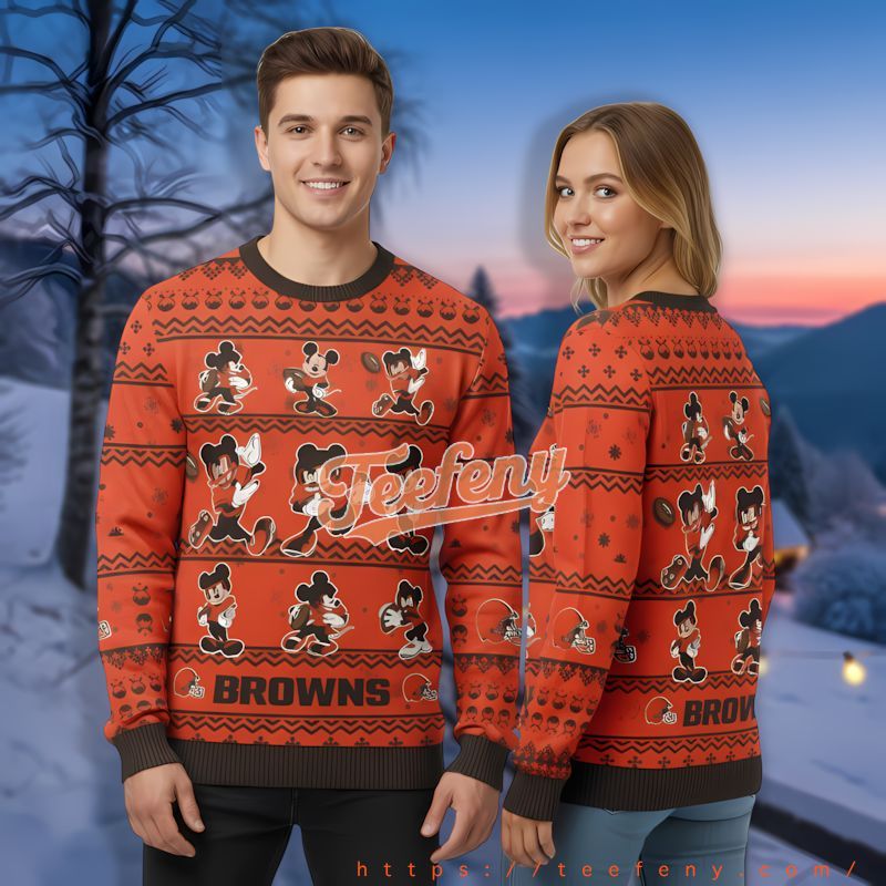 Cleveland Browns Mickey Mouse Black Orange Custom Xmas Sweaters