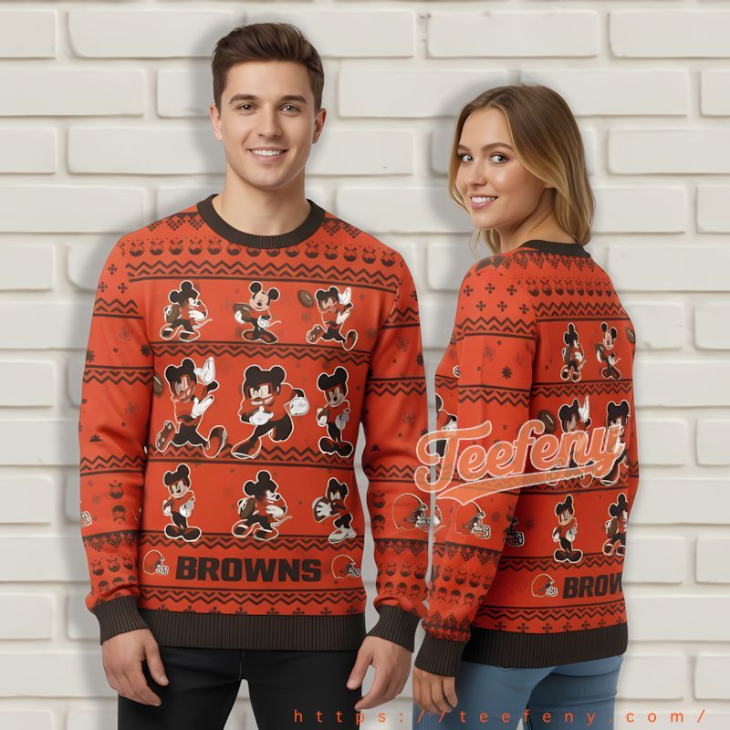 Cleveland Browns Mickey Mouse Black Orange Custom Xmas Sweaters Cleveland Browns Mickey Mouse Black Orange Custom Xmas Sweaters