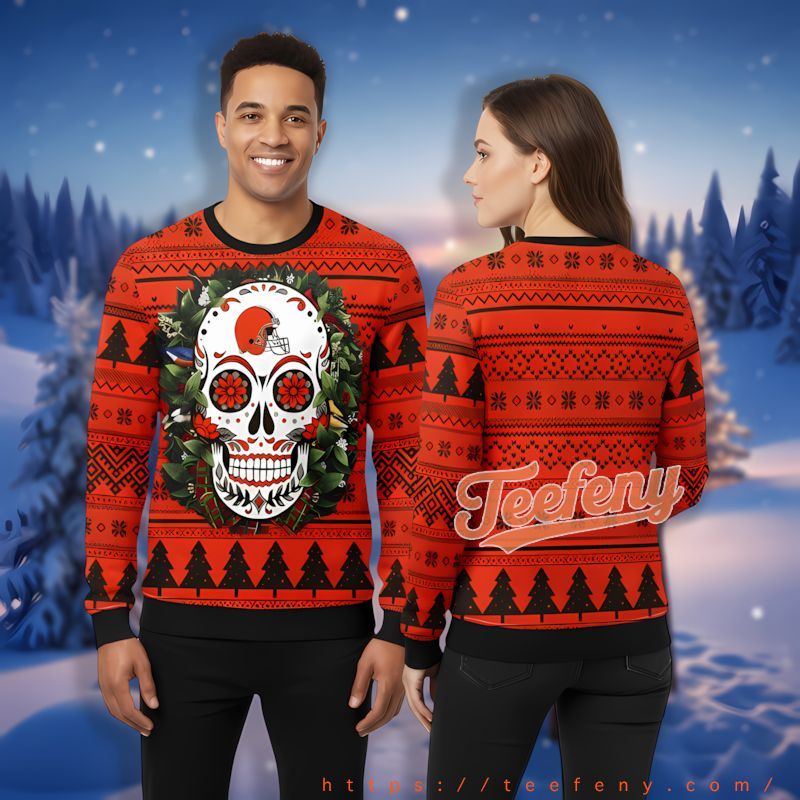 Cleveland Browns Skull Flower Orange Black Funny Ugly Christmas Sweater