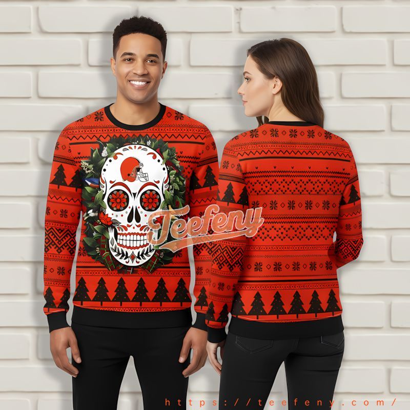 Cleveland Browns Skull Flower Orange Black Funny Ugly Christmas Sweater Cleveland Browns Skull Flower Orange Black Funny Ugly Christmas Sweater