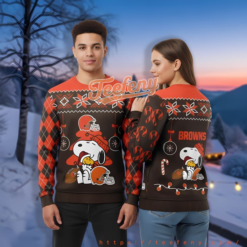Cleveland Browns Snoopy Woodstock Black Orange Family Christmas Sweaters