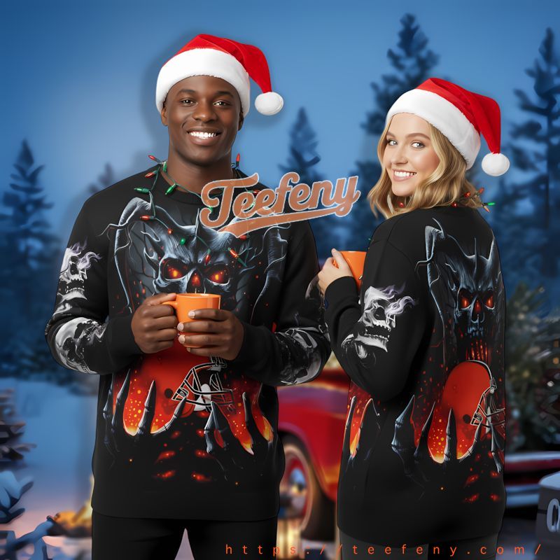Cleveland Browns Spooky Skull Black Ugly Xmas Sweater Party