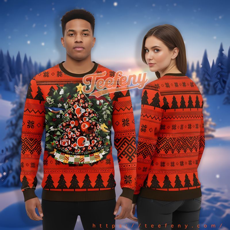 Cleveland Browns Tree Ball Orange Black Christmas Sweater The Office