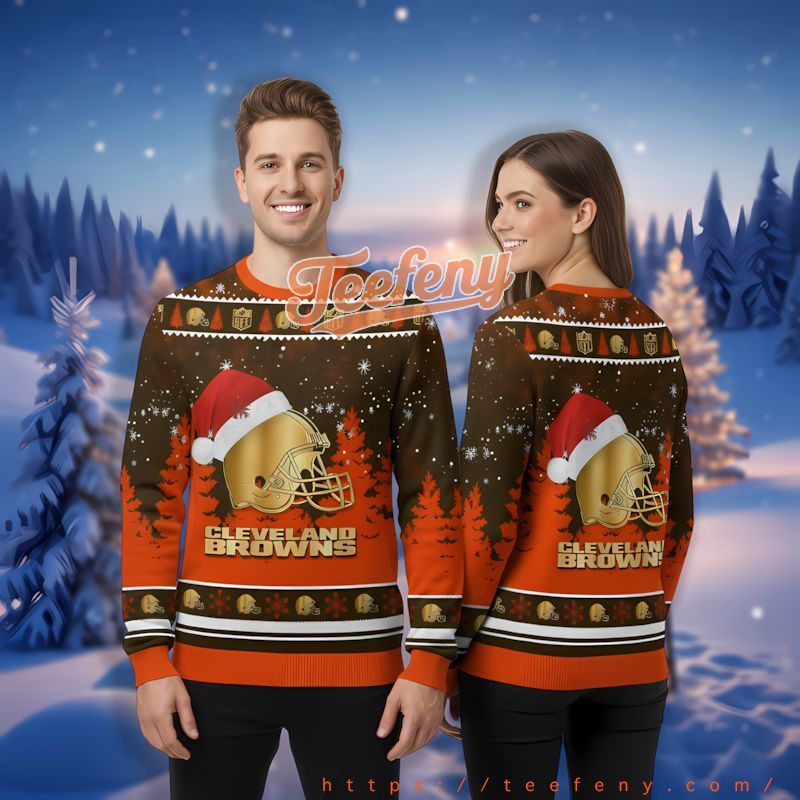 Cleveland Browns Wearing Santa Hat Orange Brown Funny Ugly Christmas Sweater