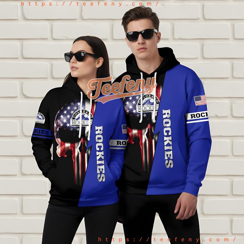 Colorado Rockies American Flag Punisher Skull 3D Printed Hoodie Blue Colorado Rockies American Flag Punisher Skull 3D Printed Hoodie Blue