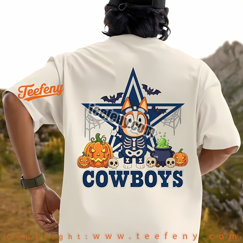 Dallas Cowboys Bluey Bingo Halloween Skeleton Pumpkin Shirt Women