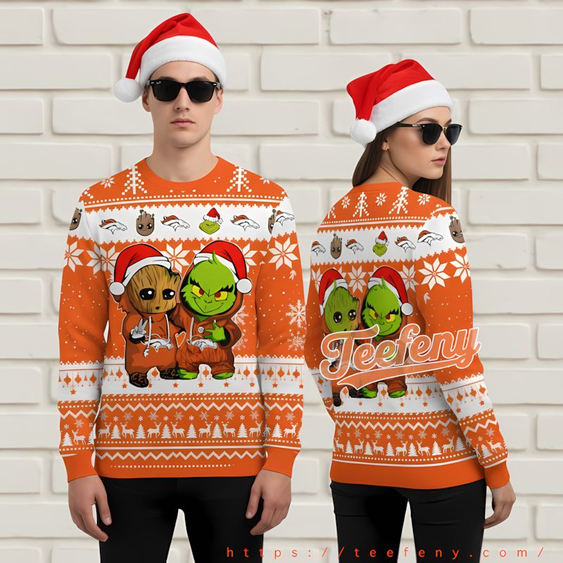 Denver Broncos Baby Groot Grinch Personalized Ugly Sweater Orange White