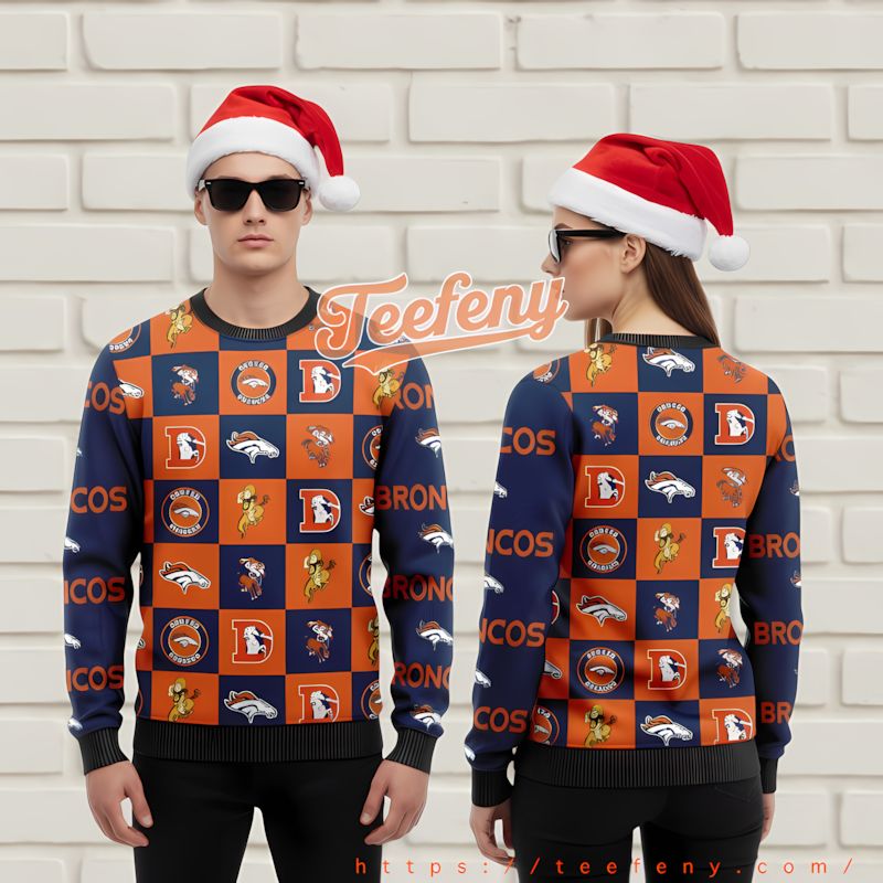Denver Broncos Baby Yoda Xmas Light Funny Christmas Sweater Orange Adults