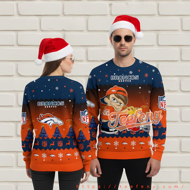 Denver Broncos Grogu Best Ugly Christmas Sweater Blue Orange