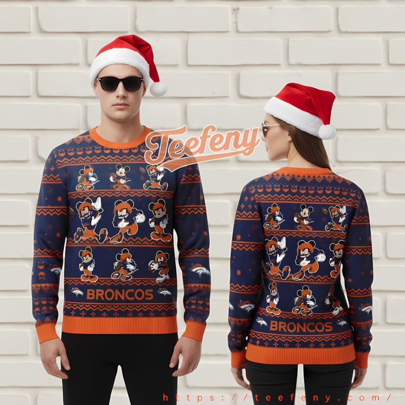 Denver Broncos Mickey Mouse Donald Duck Goofy Ugly Sweater Grey Christmas Party