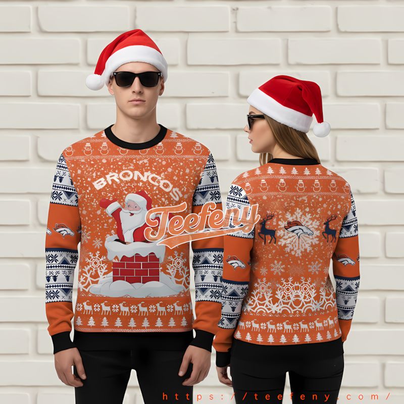 Denver Broncos Santa Claus Tattoo Cute Ugly Christmas Sweater Blue