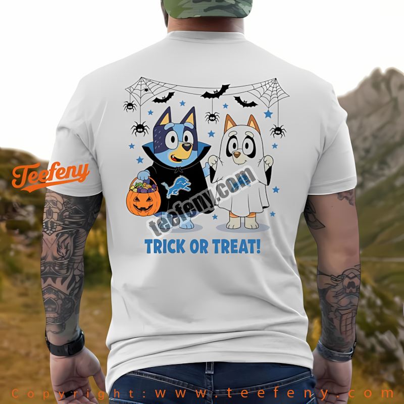 Detroit Lions Bluey Bingo Halloween Skeleton Pumpkin Shirt Youth