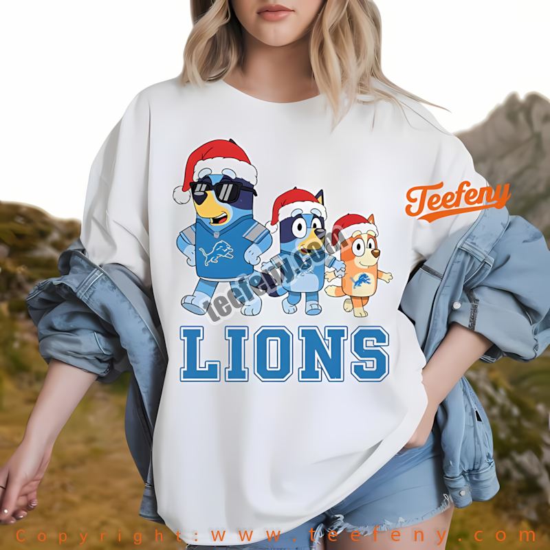 Detroit Lions Bluey Christmas Santa Hat Shirt Men