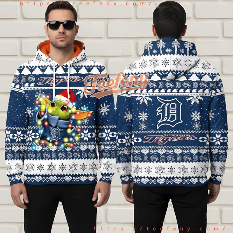 Detroit Tigers Baby Yoda Christmas Ugly 3D Zip Up Hoodie Blue Detroit Tigers Baby Yoda Christmas Ugly 3D Zip Up Hoodie Blue
