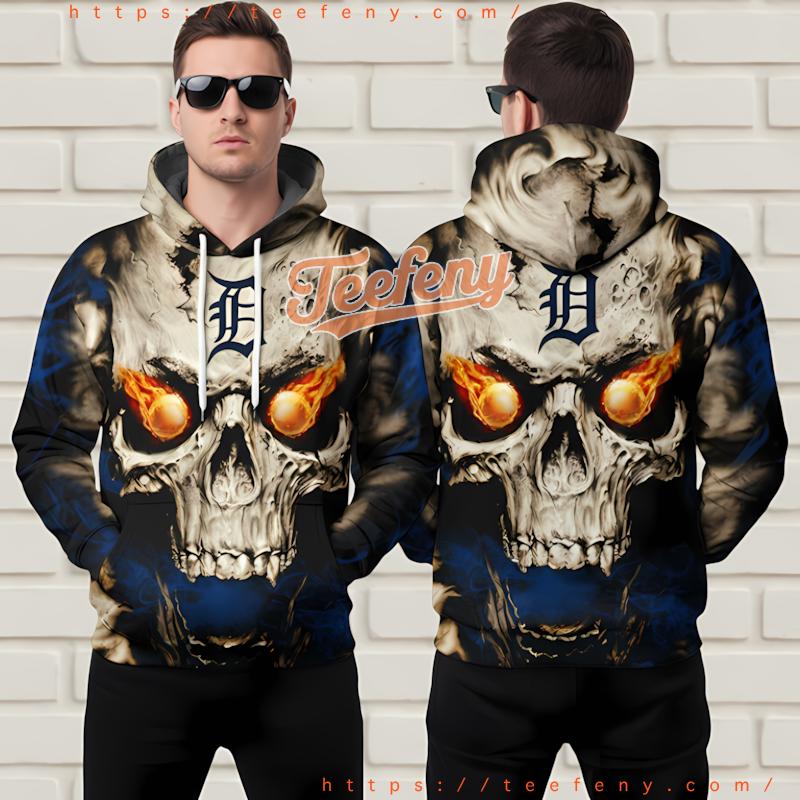 Detroit Tigers Fiery Skull 3D Printed Hoodie Blue Detroit Tigers Fiery Skull 3D Printed Hoodie Blue