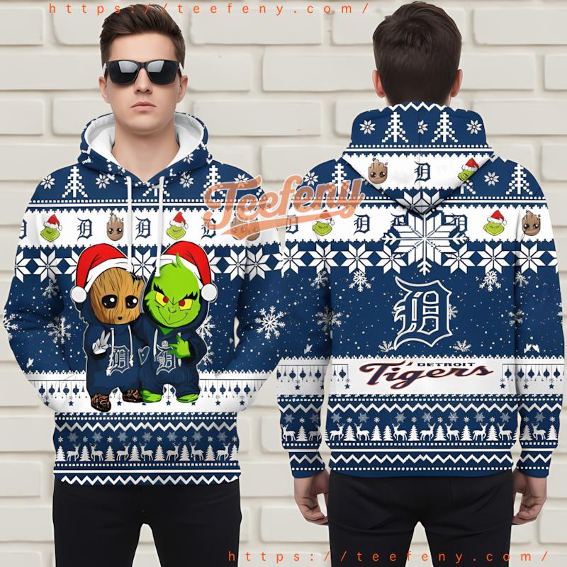 Detroit Tigers Groot And Grinch Ugly 3D Print Hoodie Blue Detroit Tigers Groot And Grinch Ugly 3D Print Hoodie Blue