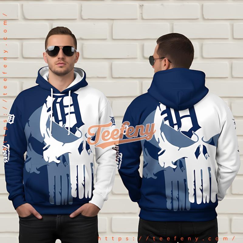 Detroit Tigers Punisher Skull 3D Zip Up Hoodie Blue Detroit Tigers Punisher Skull 3D Zip Up Hoodie Blue