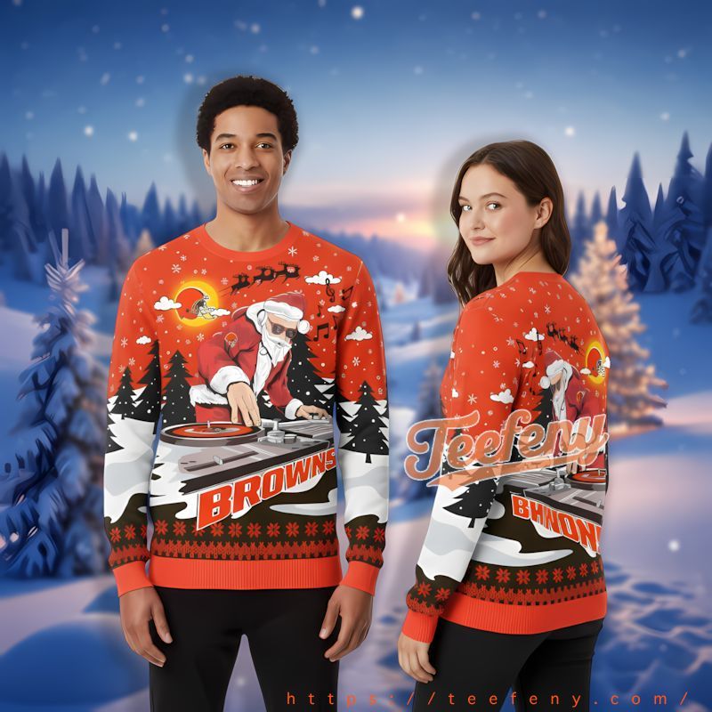 Dj Santa Cleveland Browns Orange Black Christmas Sweatshirt For Men