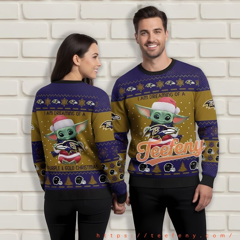 Dream Gold Christmas Baby Yoda Baltimore Ravens Purple Light Up Ugly Sweater Dream Gold Christmas Baby Yoda Baltimore Ravens Purple Light Up Ugly Sweater