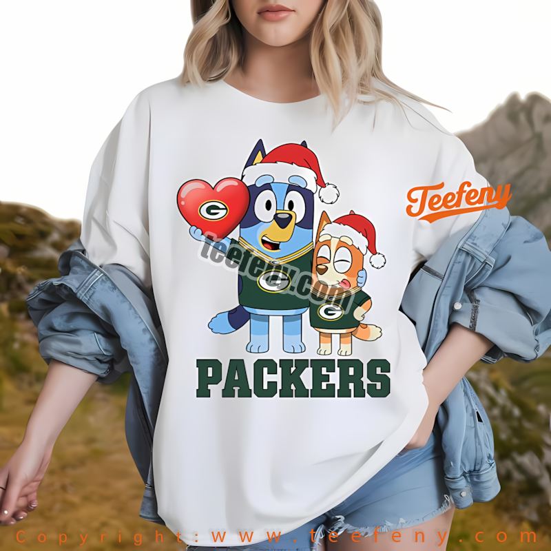 Green Bay Packers Bluey Bingo Christmas Heart Shirt Adults