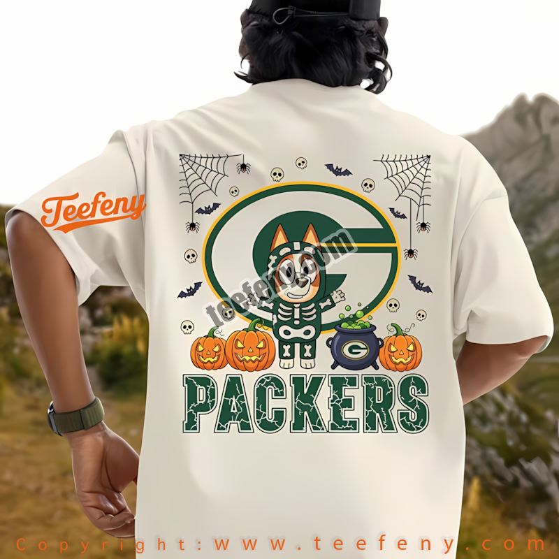 Green Bay Packers Bluey Bingo Halloween Skeleton Pumpkin Shirt Vintage