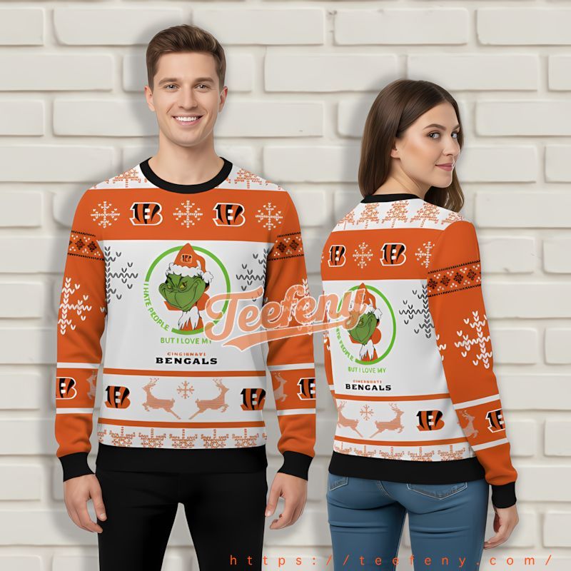Grinch Santa Cincinnati Bengals White Orange Christmas Sweater Women Grinch Santa Cincinnati Bengals White Orange Christmas Sweater Women