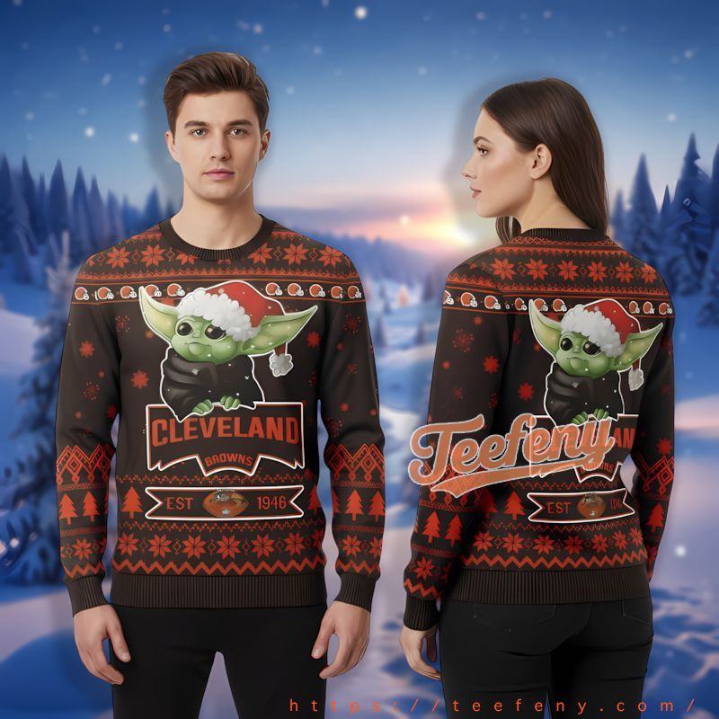 Grogu Cleveland Browns Black Orange Mens Christmas Sweater