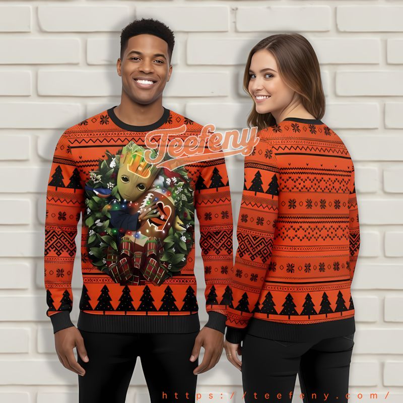 Groot Christmas Wreath Cincinnati Bengals Black Orange Beautiful Christmas Sweaters Groot Christmas Wreath Cincinnati Bengals Black Orange Beautiful Christmas Sweaters