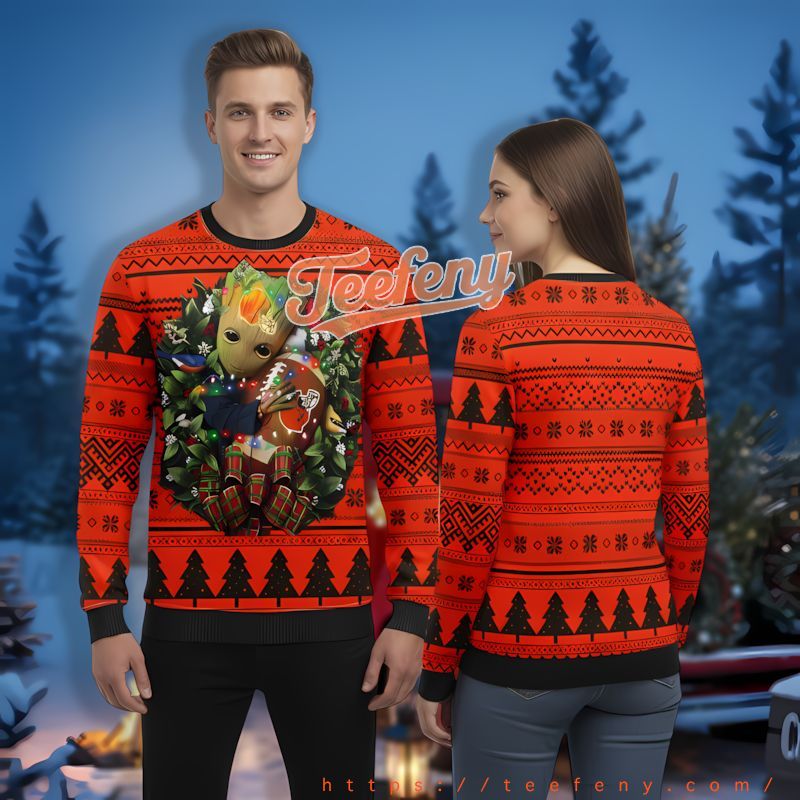 Groot Hug Cleveland Browns Orange Black Ugly Sweaters For Couples