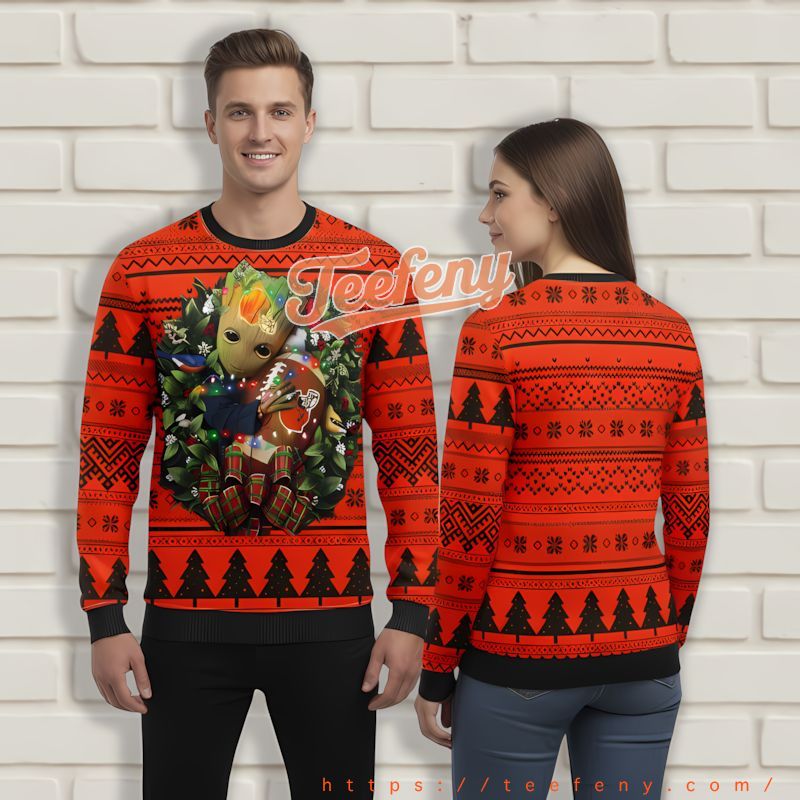 Groot Hug Cleveland Browns Orange Black Ugly Sweaters For Couples Groot Hug Cleveland Browns Orange Black Ugly Sweaters For Couples