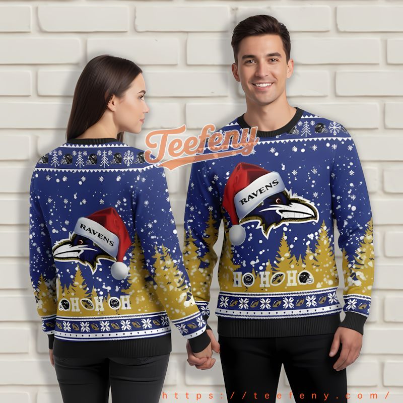 Hohoho Baltimore Ravens Santa Hat Purple Ugly Sweaters For Couples Hohoho Baltimore Ravens Santa Hat Purple Ugly Sweaters For Couples