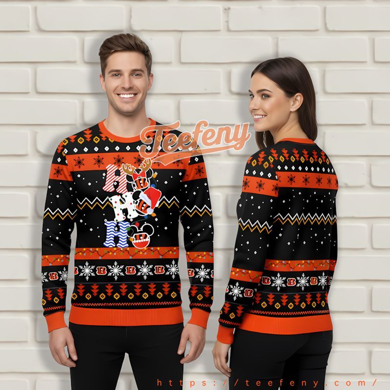 Hohoho Mickey Cincinnati Bengals Black Orange Mens Xmas Sweaters Hohoho Mickey Cincinnati Bengals Black Orange Mens Xmas Sweaters