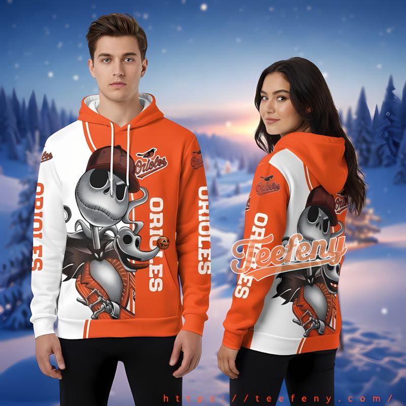 Jack Skellington And Zero Baltimore Orioles Orange 3D Hoodies For Sale