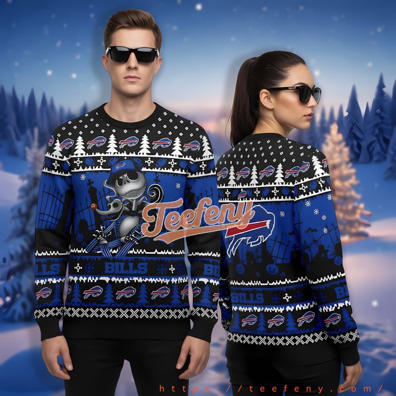 Jack Skellington Buffalo Bills Blue Vintage Ugly Christmas Sweaters