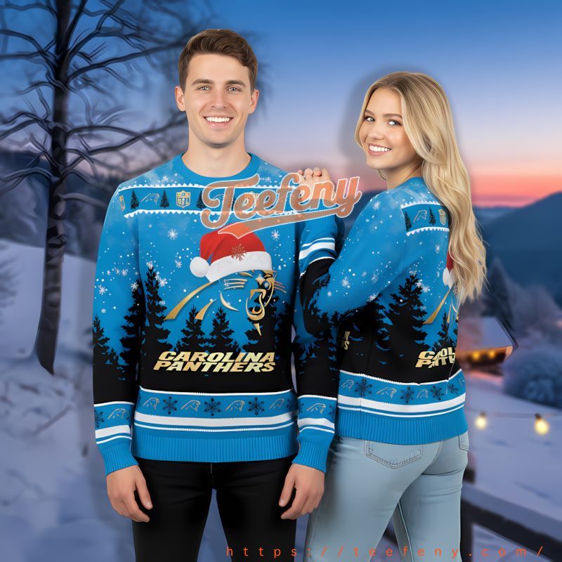 Merry Christmas Carolina Panthers Santa Hat Blue Ugly Sweater Womens