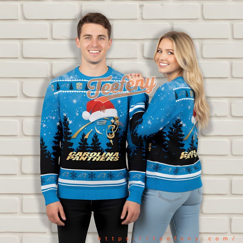 Merry Christmas Carolina Panthers Santa Hat Blue Ugly Sweater Womens Merry Christmas Carolina Panthers Santa Hat Blue Ugly Sweater Womens