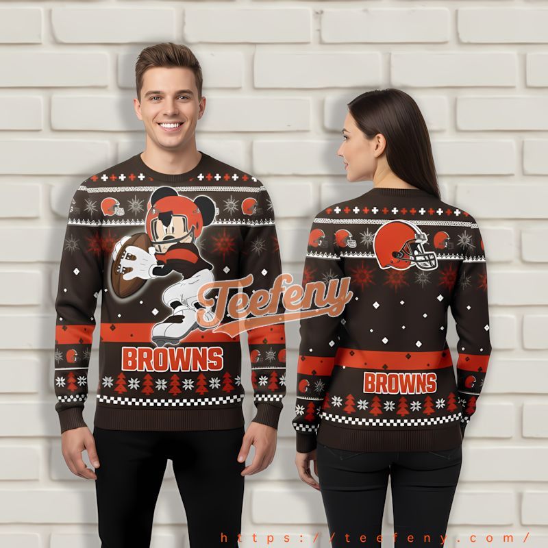 Mickey Mouse Cleveland Browns Orange Brown Ugliest Xmas Sweater Mickey Mouse Cleveland Browns Orange Brown Ugliest Xmas Sweater