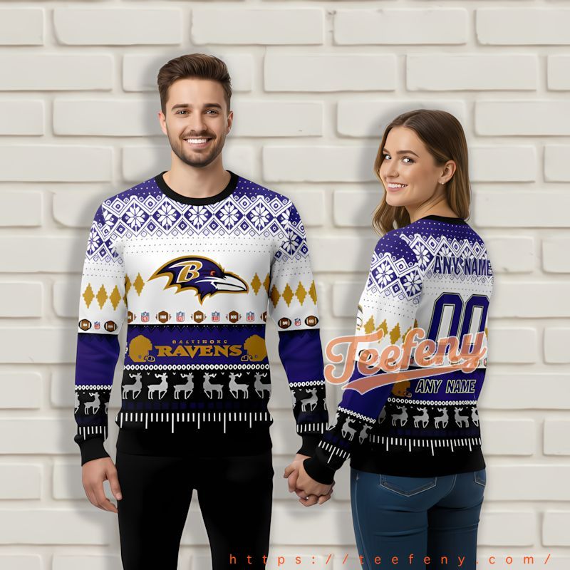 Personalized Baltimore Ravens Reindeer Pattern Purple Ugly Sweater Party Personalized Baltimore Ravens Reindeer Pattern Purple Ugly Sweater Party