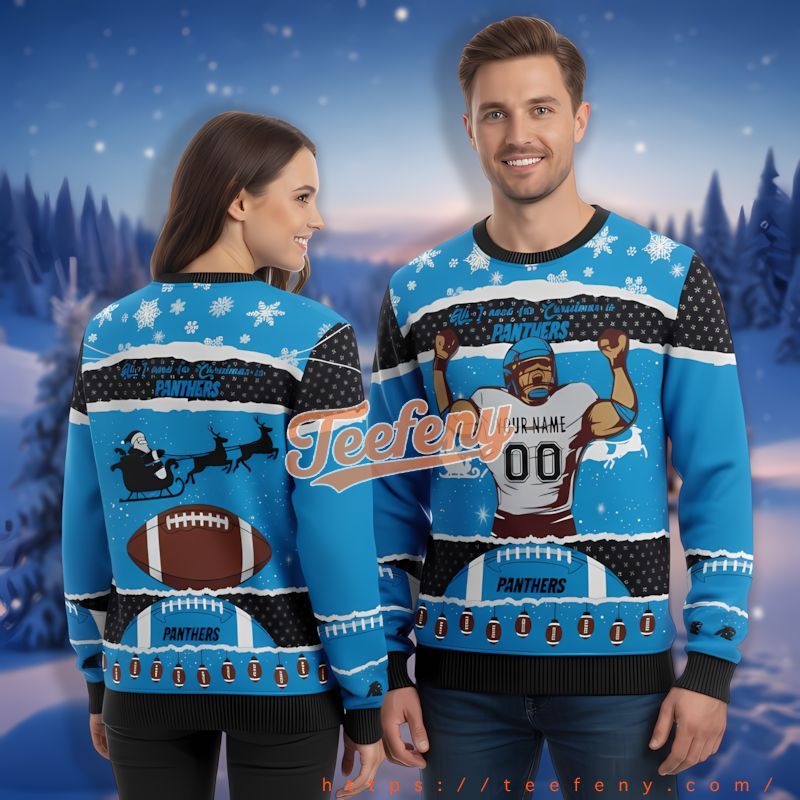 Personalized Carolina Panthers Christmas Blue Ugly Sweater Womens