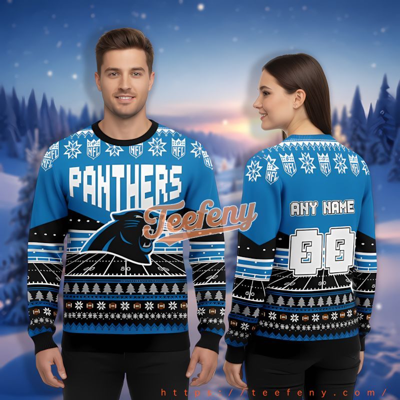 Personalized Carolina Panthers Logo Blue Tackiest Christmas Sweater