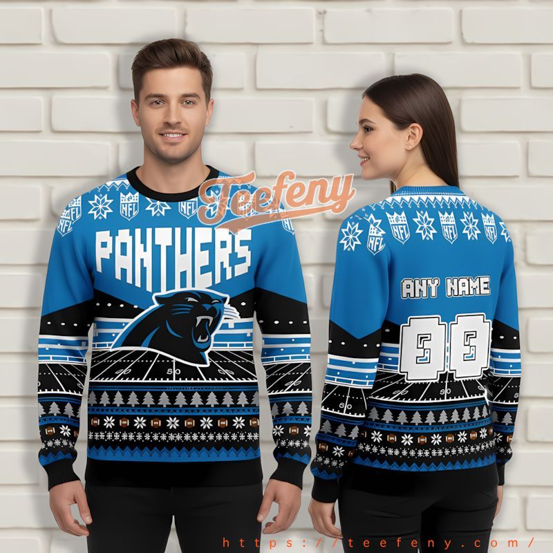 Personalized Carolina Panthers Logo Blue Tackiest Christmas Sweater Personalized Carolina Panthers Logo Blue Tackiest Christmas Sweater