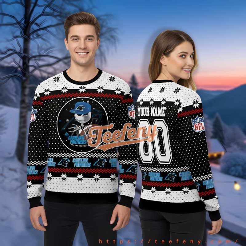 Personalized Jack Skellington Carolina Panthers Black Cheap Ugly Christmas Sweater