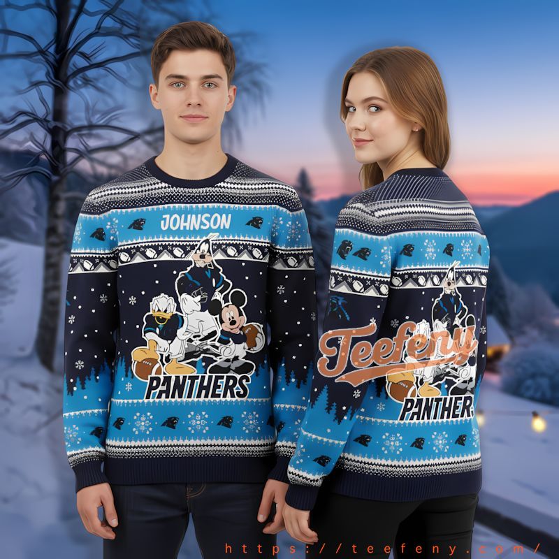 Personalized Mickey Donald Goofy Carolina Panthers Blue Custom Xmas Sweaters