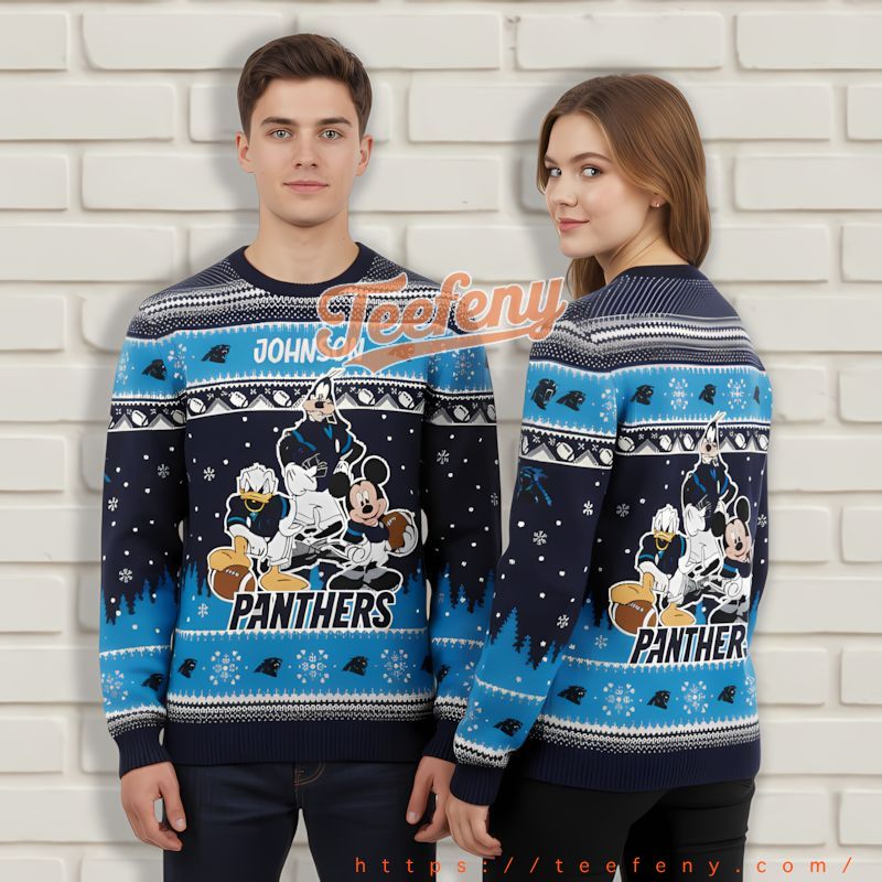 Personalized Mickey Donald Goofy Carolina Panthers Blue Custom Xmas Sweaters Personalized Mickey Donald Goofy Carolina Panthers Blue Custom Xmas Sweaters