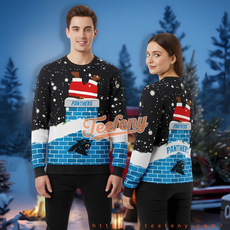 Personalized Santa Into Chimney Carolina Panthers Blue Men’S Ugly Xmas Sweaters