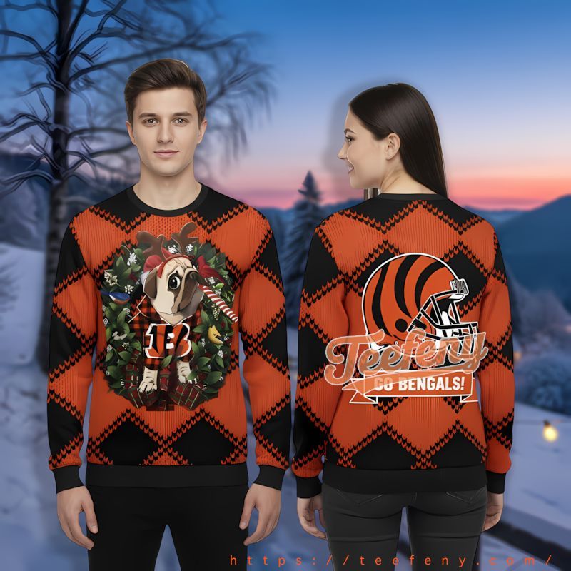 Reindeer Pug Dog Cincinnati Bengals Black Orange Cool Ugly Christmas Sweater
