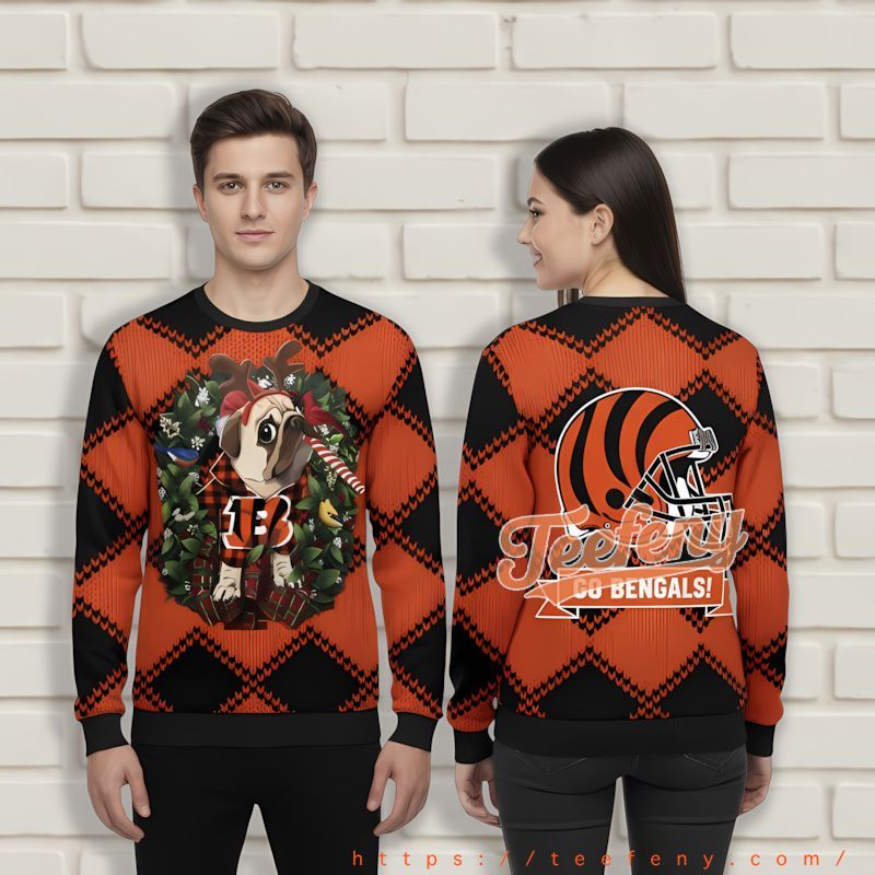 Reindeer Pug Dog Cincinnati Bengals Black Orange Cool Ugly Christmas Sweater Reindeer Pug Dog Cincinnati Bengals Black Orange Cool Ugly Christmas Sweater