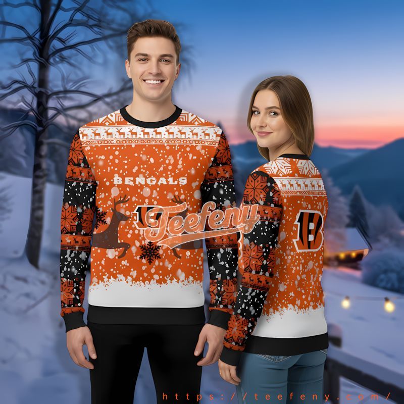 Reindeer Snowfall Cincinnati Bengals White Orange Ugly Christmas Sweaters For Sale